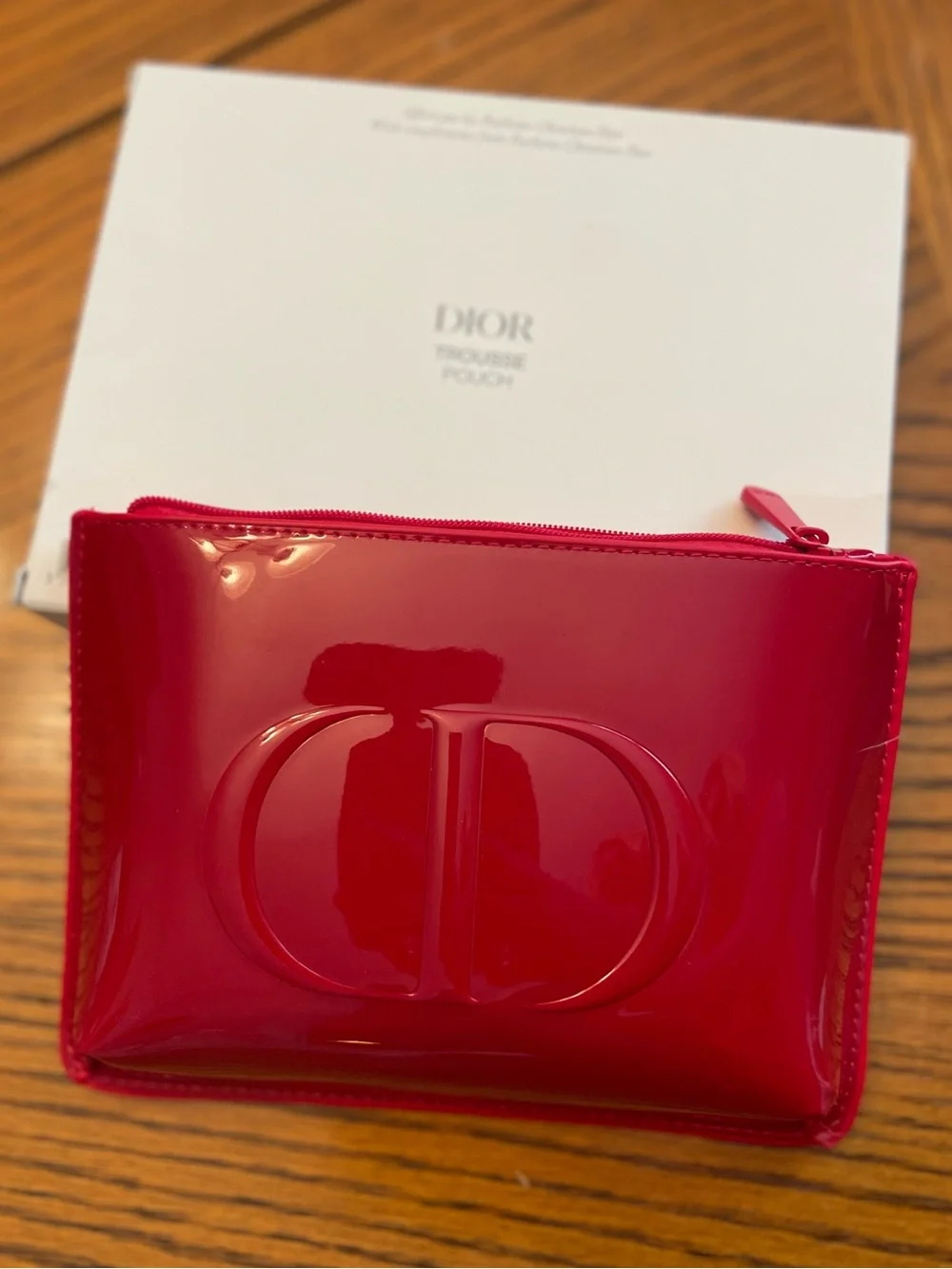 Christian Dior Glossy Red Patent Leather Pouch with Embossed Logo NEW